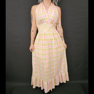 70s Bright Plaid Halter Maxi Dress